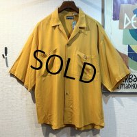 【USA製】【ビンテージ】【BON HOMME】ボヌオム【マスタードイエロー】無地【レーヨン半袖開襟シャツ】【サイズL】 