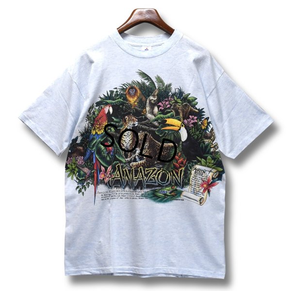 画像1: 【デッドストック】【USA製】【ビンテージ】【薄水色霜降り】【amazon rain forest】【動物プリント】【Tシャツ】【サイズXL】 