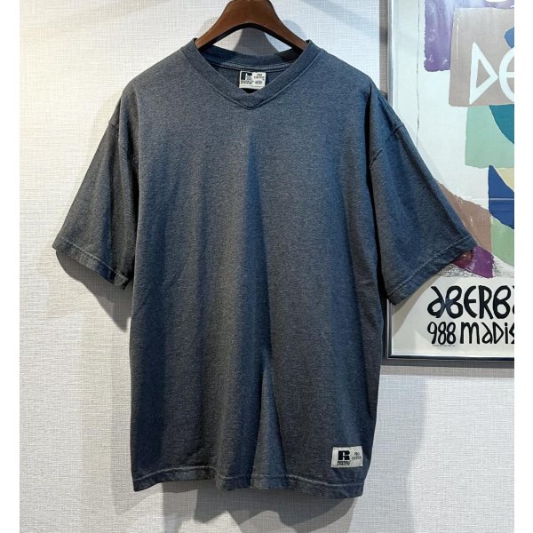 画像1: 90's【USA製】【Russell】【ラッセル】【チャコール】【無地】【Vネック】【Tシャツ】【サイズＬ】 
