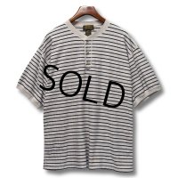 ~90's【USA製】【ビンテージ】【エディーバウアー】黒タグ【ベージュｘ黒ボーダー】【ヘンリーネックＴシャツ】【サイズXL】 