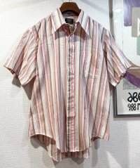70's~【ビンテージ】【HONORMAN】【ピンクストライプ】【ポリコットン】半袖シャツ【半袖コットンシャツ】【サイズ16-4】 