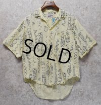 【USA製】【ビンテージ】【BON HOMME】ボヌオム【薄黄色】幾何学模様 コットン【半袖開襟シャツ】【サイズＭ】 