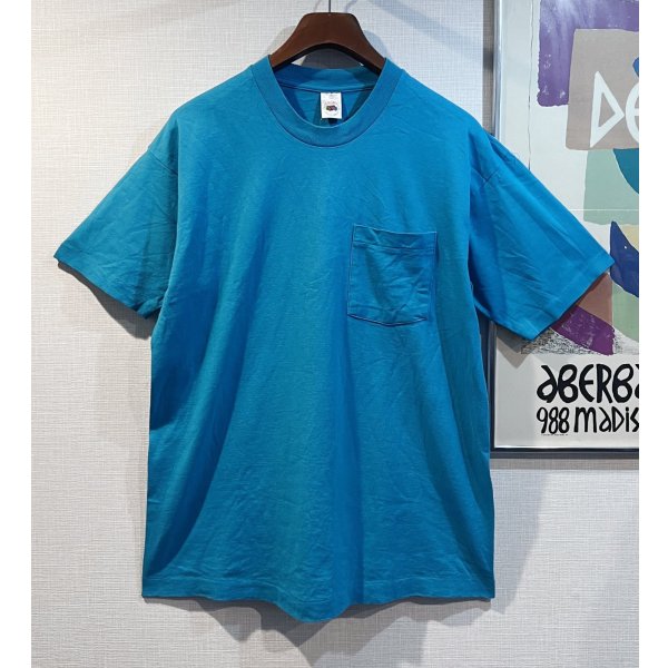 画像1: 90's【USA製】 ビンテージ【FRUIT OF THE LOOM 】フルーツオブザルーム【ターコイズブルー】【無地】【ポケット付き】【 Tシャツ】【サイズL】 