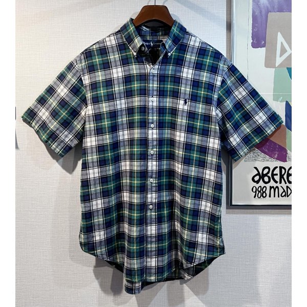 画像1: POLO RALPH LAUREN【ラルフローレン】【CLASSIC FIT】ビンテージ【紺ｘ緑ｘ白】【クラシックフィット】【ボタンダウン半袖シャツ】【サイズL】  
