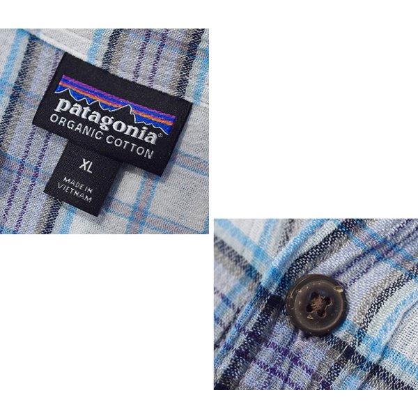 画像2: ビンテージ【パタゴニア】patagonia 白ｘ水色ｘグレーｘ紫 チェック オーガニックコットン 半袖シャツ【サイズＸL】 