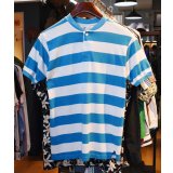 USA製【ビンテージ】【Islander】【アイランダー】水色ｘ白【ボーダー柄】【ヘンリーネックTシャツ】【サイズＬ】 