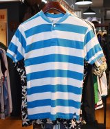 USA製【ビンテージ】【Islander】【アイランダー】水色ｘ白【ボーダー柄】【ヘンリーネックTシャツ】【サイズＬ】 