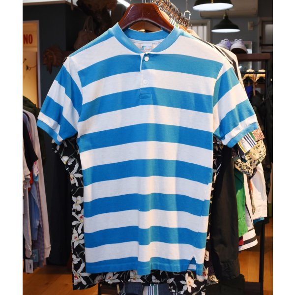 画像1: USA製【ビンテージ】【Islander】【アイランダー】水色ｘ白【ボーダー柄】【ヘンリーネックTシャツ】【サイズＬ】 