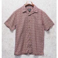 ビンテージ【エディーバウアー】【Eddie Bauer】【エンジ×生成り】【総柄】【リネン×コットン】【半袖シャツ】【開襟シャツ】【サイズS】 