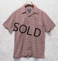 ビンテージ【エディーバウアー】【Eddie Bauer】【エンジ×生成り】【総柄】【リネン×コットン】【半袖シャツ】【開襟シャツ】【サイズS】 