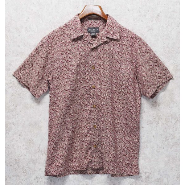 画像1: ビンテージ【エディーバウアー】【Eddie Bauer】【エンジ×生成り】【総柄】【リネン×コットン】【半袖シャツ】【開襟シャツ】【サイズS】 
