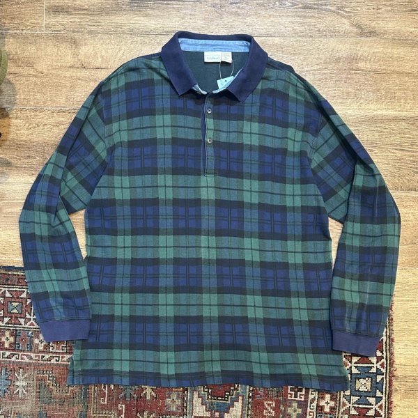 画像1: ~90's【ビンテージ】【L.L.Bean】【L.L.ビーン】【緑×紺】【チェック柄】【長袖ポロシャツ】【サイズL】 