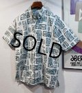 【ビンテージ】【HOOK&TACKLE】【生成り×緑】魚柄【BDシャツ】半袖シャツ【サイズＭ】 