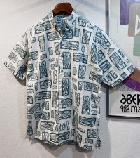 【ビンテージ】【HOOK&TACKLE】【生成り×緑】魚柄【BDシャツ】半袖シャツ【サイズＭ】 