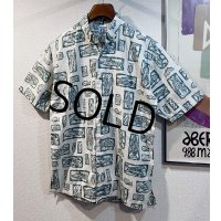 【ビンテージ】【HOOK&TACKLE】【生成り×緑】魚柄【BDシャツ】半袖シャツ【サイズＭ】 