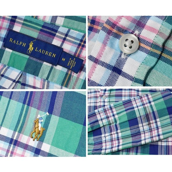 画像2: POLO RALPH LAUREN【ラルフローレン】ビンテージ【緑ｘ紺ｘ白】【マドラスチェック】【ボタンダウン半シャツ】【サイズM】  