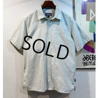 【パタゴニア】patagonia【ベージュ×水色ｘグレー】【チェック柄】シアサッカー【半袖シャツ】【チェックシャツ】【サイズM】 