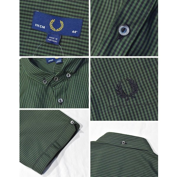 画像2: ポルトガル製 ビンテージ 【フレッドペリー】Fred Perry【緑ｘ黒】ギンガムチェック【コットン】【半袖ボタンダウンシャツ】【44】 