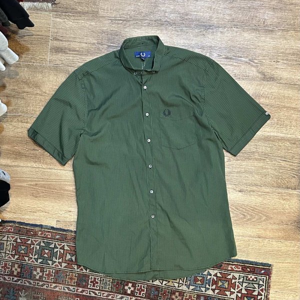 画像1: ポルトガル製 ビンテージ 【フレッドペリー】Fred Perry【緑ｘ黒】ギンガムチェック【コットン】【半袖ボタンダウンシャツ】【44】 