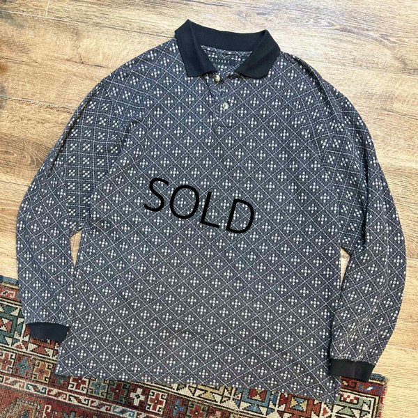 画像1: ビンテージ【M.E.SPORT】【黒ｘグレー】【幾何学模様】【長袖ポロシャツ】【サイズL】 