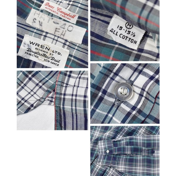 画像2: 60's【ビンテージ】【WREN LTD】【緑ｘ紺ｘ白 チェック】マチ付き【ボタンダウンシャツ】【サイズM】 