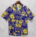 ハワイ製【creation hawaii】【青×黄色花柄】【コットンシャツ】アロハシャツ【半袖シャツ】【サイズＳ】 