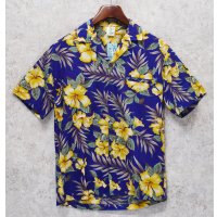 ハワイ製【creation hawaii】【青×黄色花柄】【コットンシャツ】アロハシャツ【半袖シャツ】【サイズＳ】 