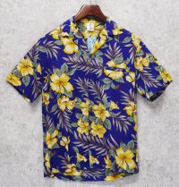 ハワイ製【creation hawaii】【青×黄色花柄】【コットンシャツ】アロハシャツ【半袖シャツ】【サイズＳ】 