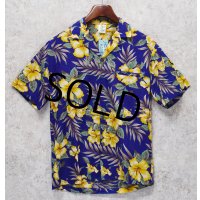 ハワイ製【creation hawaii】【青×黄色花柄】【コットンシャツ】アロハシャツ【半袖シャツ】【サイズＳ】 