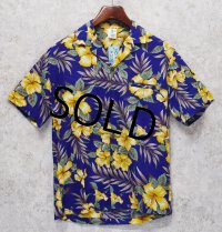 ハワイ製【creation hawaii】【青×黄色花柄】【コットンシャツ】アロハシャツ【半袖シャツ】【サイズＳ】 
