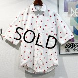 【ビンテージ】ペリー・エリス【PERRY ELLIS】【白ｘ赤】ドット柄【コットン半袖シャツ】サイズＭ 