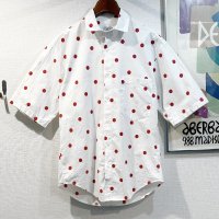 【ビンテージ】ペリー・エリス【PERRY ELLIS】【白ｘ赤】ドット柄【コットン半袖シャツ】サイズＭ 