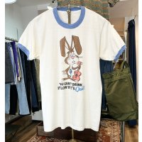 80's~【ビンテージ】【USA製】【You can’t drink~】【ウサギ】【Quiky】Nesquik ネスクイック 白ｘ水色リブ【リンガーTシャツ】【サイズＬ】  