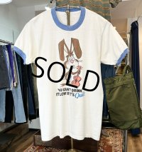80's~【ビンテージ】【USA製】【You can’t drink~】【ウサギ】【Quiky】Nesquik ネスクイック 白ｘ水色リブ【リンガーTシャツ】【サイズＬ】  