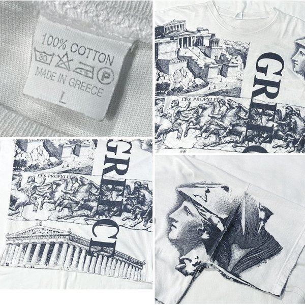 画像2: ビンテージ LES PROPYLEES【古代ギリシア】プリント 白ｘ紺 総柄【Ｔシャツ】【サイズL】 