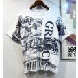 画像1: ビンテージ LES PROPYLEES【古代ギリシア】プリント 白ｘ紺 総柄【Ｔシャツ】【サイズL】<br> (1)
