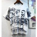 ビンテージ LES PROPYLEES【古代ギリシア】プリント 白ｘ紺 総柄【Ｔシャツ】【サイズL】 