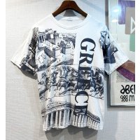 ビンテージ LES PROPYLEES【古代ギリシア】プリント 白ｘ紺 総柄【Ｔシャツ】【サイズL】 