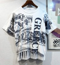 ビンテージ LES PROPYLEES【古代ギリシア】プリント 白ｘ紺 総柄【Ｔシャツ】【サイズL】 