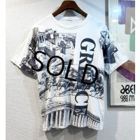 ビンテージ LES PROPYLEES【古代ギリシア】プリント 白ｘ紺 総柄【Ｔシャツ】【サイズL】 