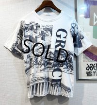 ビンテージ LES PROPYLEES【古代ギリシア】プリント 白ｘ紺 総柄【Ｔシャツ】【サイズL】 