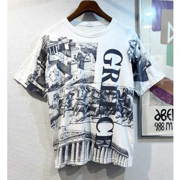 画像1: ビンテージ LES PROPYLEES【古代ギリシア】プリント 白ｘ紺 総柄【Ｔシャツ】【サイズL】 