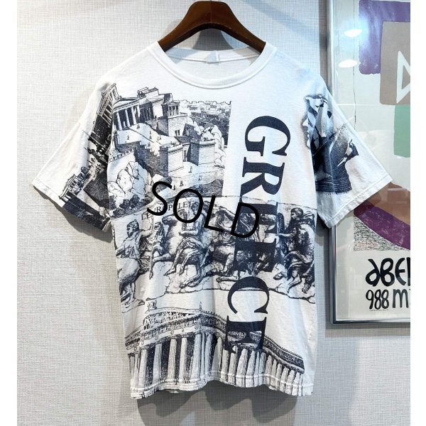 画像1: ビンテージ LES PROPYLEES【古代ギリシア】プリント 白ｘ紺 総柄【Ｔシャツ】【サイズL】 