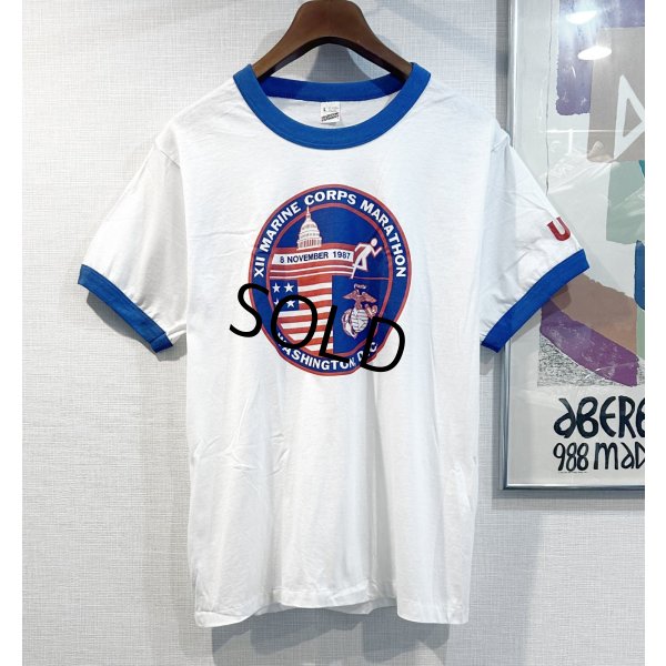画像1:  デッドストック 80's【USA製】スクリーンスターズ【ビンテージ】【USMC】白ｘ青【リンガーTシャツ】【サイズＬ】 