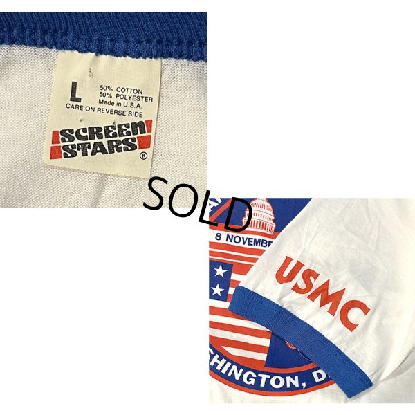 画像2:  デッドストック 80's【USA製】スクリーンスターズ【ビンテージ】【USMC】白ｘ青【リンガーTシャツ】【サイズＬ】 