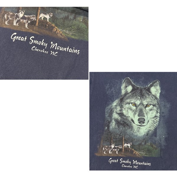 画像2: ビンテージ【グレート・スモーキー・ マウンテンズ国立公園】 Great Smoke Mountains Cherokee nc オオカミプリント【紺】Tシャツ【サイズS程度】 