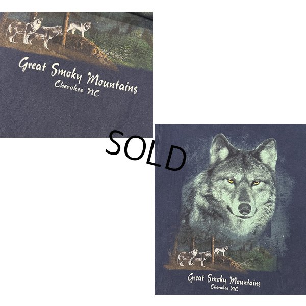 画像2: ビンテージ【グレート・スモーキー・ マウンテンズ国立公園】 Great Smoke Mountains Cherokee nc オオカミプリント【紺】Tシャツ【サイズS程度】 