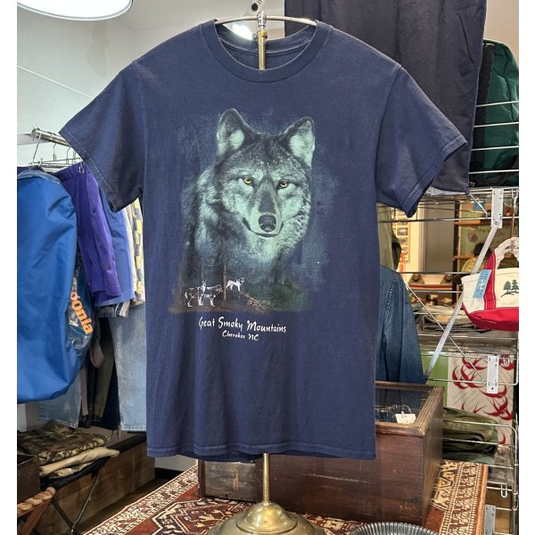 画像1: ビンテージ【グレート・スモーキー・ マウンテンズ国立公園】 Great Smoke Mountains Cherokee nc オオカミプリント【紺】Tシャツ【サイズS程度】 
