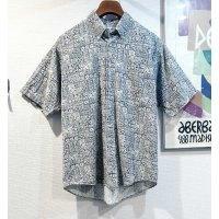 ビンテージ【CHEROKEE】チェロキー【生成りｘ紺】総柄【コットン】半袖シャツ サイズM 