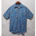 80's【インド製】ビンテージ【Revenge Shirtmaker】【水色】総柄【コットン】半袖シャツ 【サイズM】 